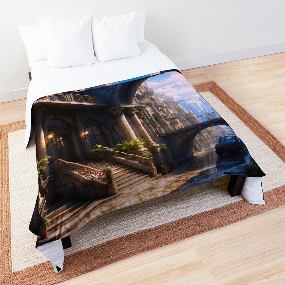The Enchanting Architectural Historic Worely Hotel Against Modern Cityscape Backdrop AI Concept Art by Xzendor7 - An Inspiring Classical View 3 The Enchanting Architectural Historic Worely Hotel Against Modern Cityscape Backdrop AI Concept Art by Xzendor7 Decorative Comforter