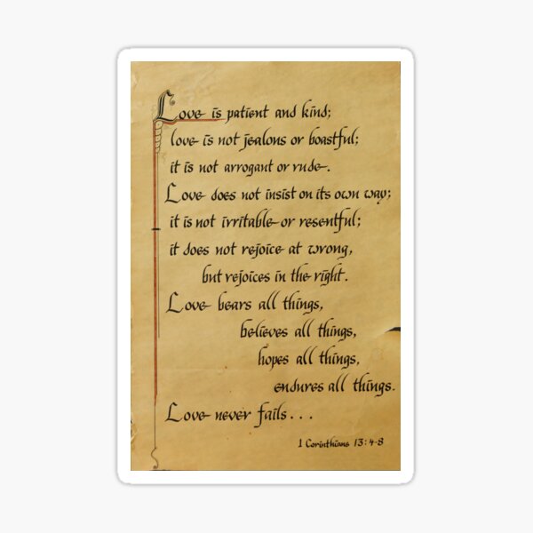 Love Never Fails - First Corinthians 13: 4-8 Calligraphy Sticker