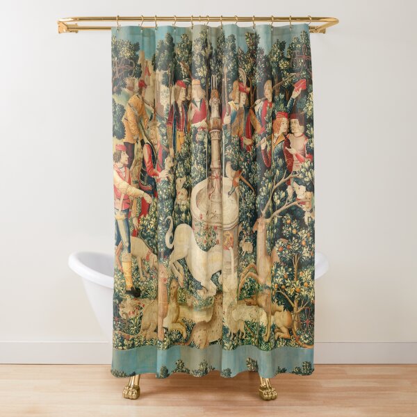 UNICORN IS FOUND / Fountain,Other Animals,Green Floral Shower Curtain