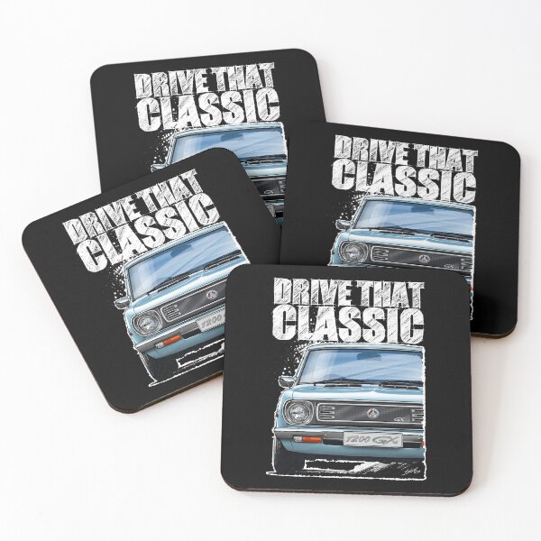Item preview, Drive That Classic featuring the Iconic Datsun 1200 GX in light blue. (Dark coloured background) designed and sold by Petrolhead T-Shirts and Art.