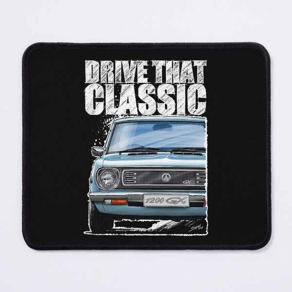 Item preview, Drive That Classic featuring the Iconic Datsun 1200 GX in light blue. (Dark coloured background) designed and sold by Petrolhead T-Shirts and Art.