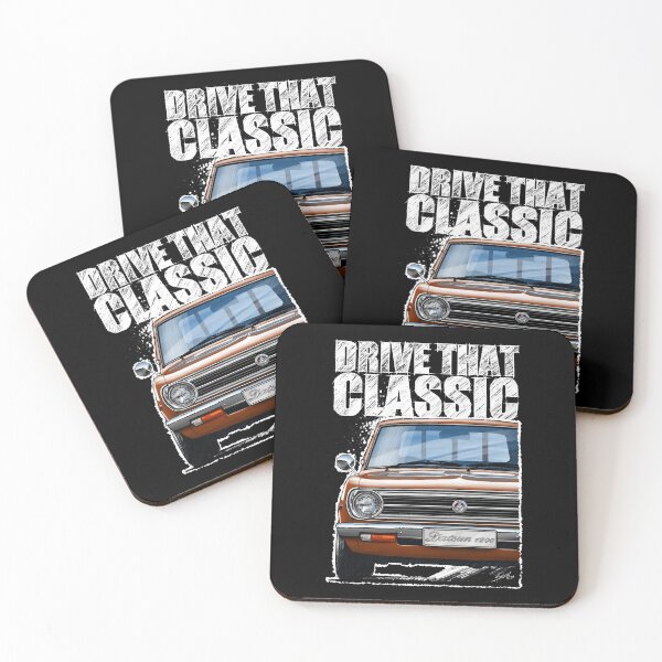Item preview, Drive That Classic featuring the Iconic Datsun 1200 in brown. (Dark coloured background) designed and sold by Petrolhead T-Shirts and Art.