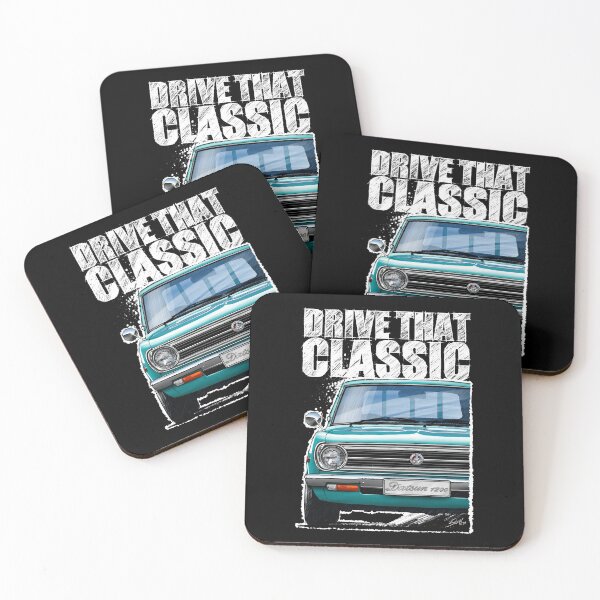 Item preview, Drive That Classic featuring the Iconic Datsun 1200 in turquoise. (Dark coloured background) designed and sold by Petrolhead T-Shirts and Art.