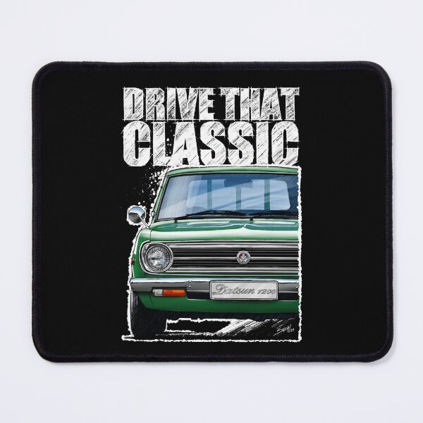Item preview, Drive That Classic featuring the Iconic Datsun 1200 in green. (Dark coloured background) designed and sold by Petrolhead T-Shirts and Art.
