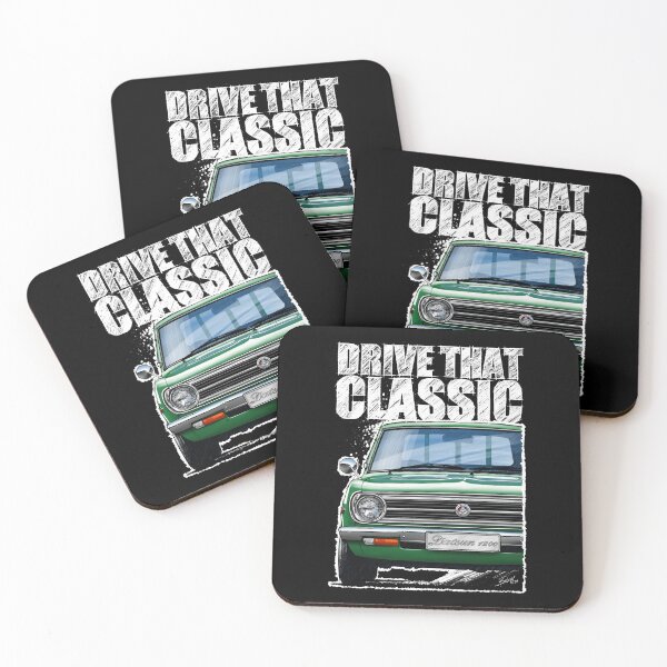 Item preview, Drive That Classic featuring the Iconic Datsun 1200 in green. (Dark coloured background) designed and sold by Petrolhead T-Shirts and Art.