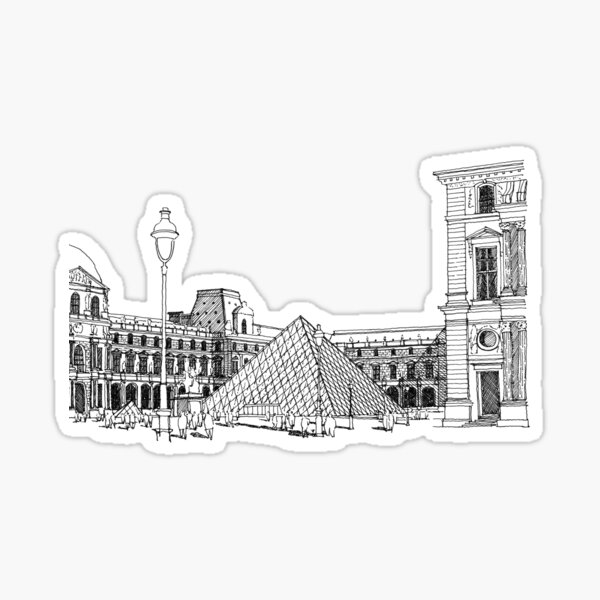 Aperçu de l'œuvre Musée du Louvre Paris dessin à la main architecture dessin architectural monochrome noir et blanc créée et vendue par junyangcaidraw.