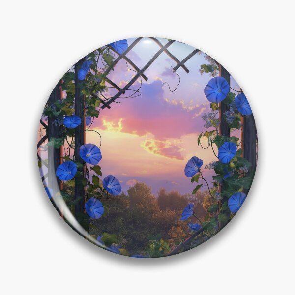 Item preview, morning glories, vibrant blue flowers, climb up a wooden trellis designed and sold by Love-Light-Bite.