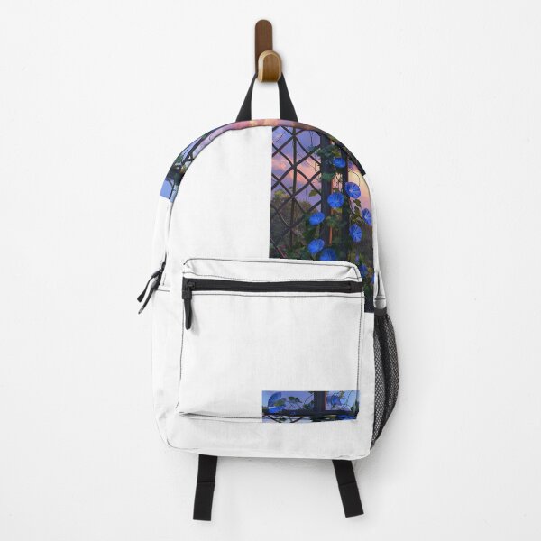 Item preview, morning glories, vibrant blue flowers, climb up a wooden trellis designed and sold by Love-Light-Bite.