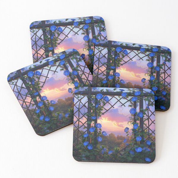 Item preview, morning glories, vibrant blue flowers, climb up a wooden trellis designed and sold by Love-Light-Bite.