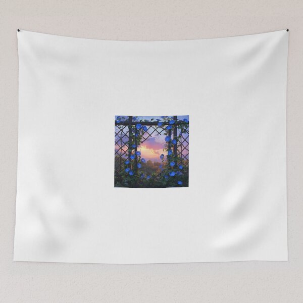 Item preview, morning glories, vibrant blue flowers, climb up a wooden trellis designed and sold by Love-Light-Bite.