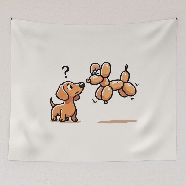 Item preview, Dachshund looking confused at a balloon animal designed and sold by PetPaletteCards.