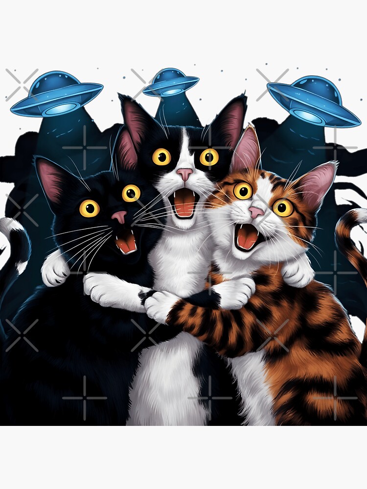 Cat Selfie with UFO Funny Meme Three Cat Animal lover