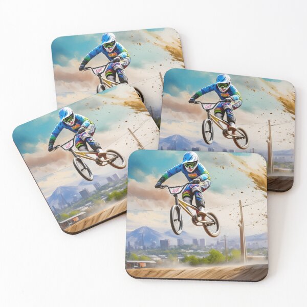 Item preview, Two BMX bikers perform stunts mid-air against a cityscape, capturing the essence of extreme sports designed and sold by homydesign.