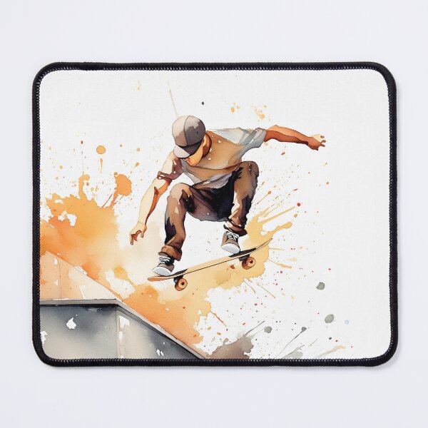 Item preview, Skater mid-air against a vibrant cityscape, depicted in dynamic watercolor strokes designed and sold by homydesign.