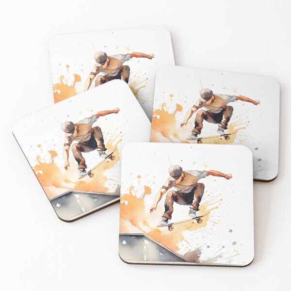 Item preview, Skater mid-air against a vibrant cityscape, depicted in dynamic watercolor strokes designed and sold by homydesign.