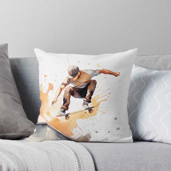 Item preview, Skater mid-air against a vibrant cityscape, depicted in dynamic watercolor strokes designed and sold by homydesign.