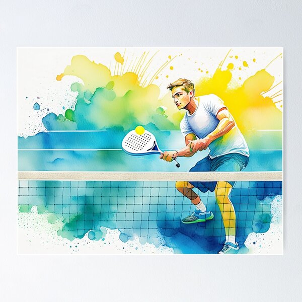 Item preview, Padel  player strikes a yellow ball with a paddle amidst vibrant colors on a court with a net designed and sold by homydesign.