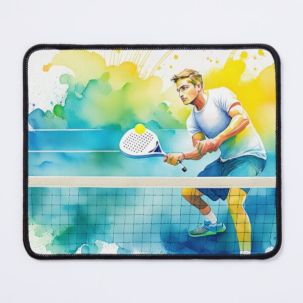 Item preview, Padel  player strikes a yellow ball with a paddle amidst vibrant colors on a court with a net designed and sold by homydesign.