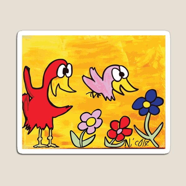 Item preview, Momma red bird letting her little pink one fly over flowers designed and sold by NickysWhimsical.