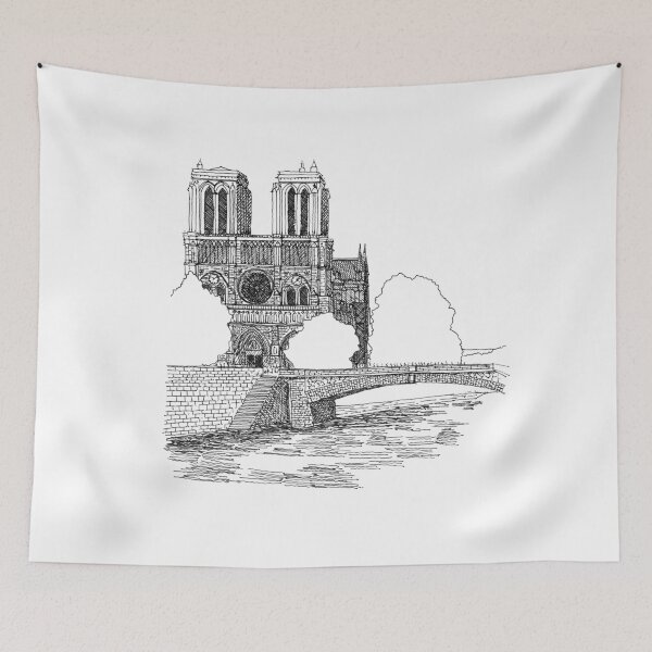 Item preview, Notre Dame de Paris hand drawing architecture black and white monochrome sketch architectural drawing designed and sold by junyangcaidraw.