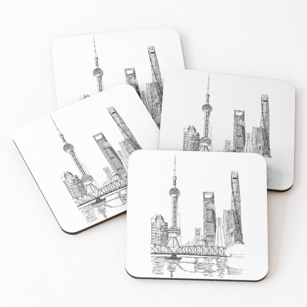 Item preview, Shanghai skyline hand drawing architecture black and white monochrome sketch architectural drawing designed and sold by junyangcaidraw.