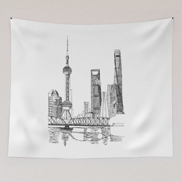 Item preview, Shanghai skyline hand drawing architecture black and white monochrome sketch architectural drawing designed and sold by junyangcaidraw.