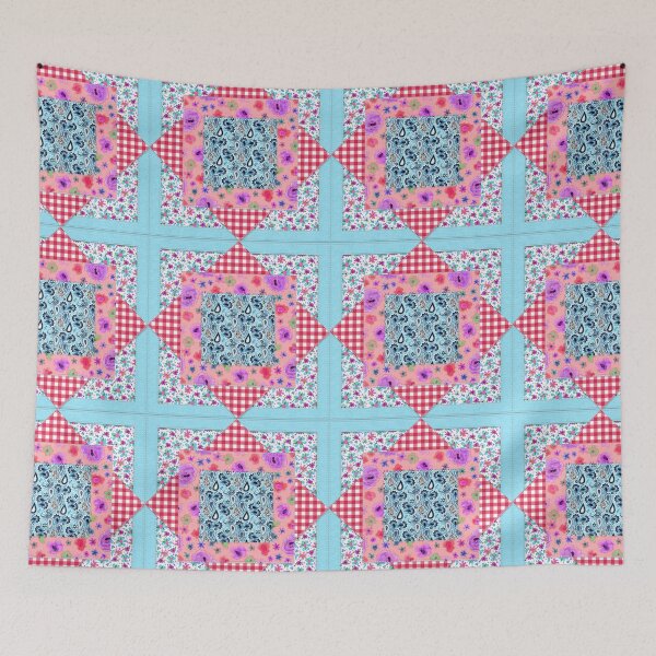 Aperçu de l'œuvre Style campagnard aspect matelassé patchwork fleurs vichy rouges créée et vendue par CheriesArt.