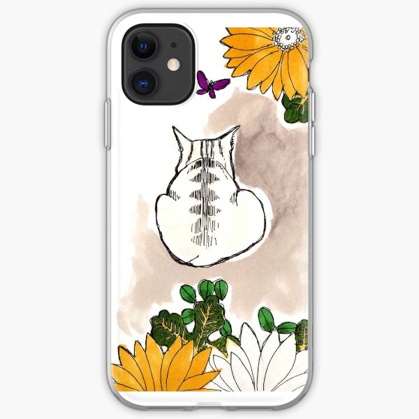 Dessin chat fleurs jaunes Coque souple iPhone