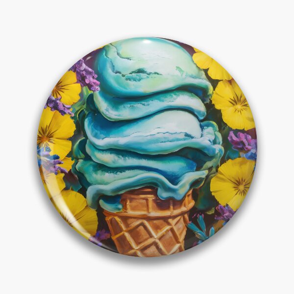 Item preview, turquoise ice cream in cone and yellow florals with lavenders designed and sold by EmeraldeaArt.