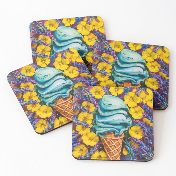 Item preview, turquoise ice cream in cone and yellow florals with lavenders designed and sold by EmeraldeaArt.