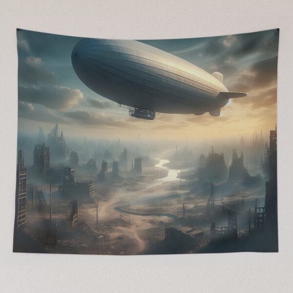 Item preview, Blimp in a Post-Apocalyptic World: Futuristic Dystopian Art designed and sold by PandaTShirtShop.