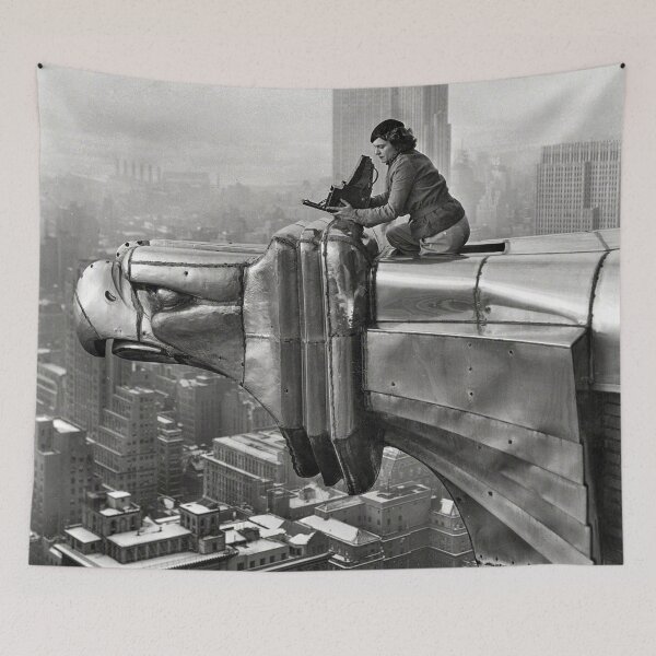 Item preview, The Silver Eagle, female photographer Margaret Bourke-White sitting with her camera atop New York Skyscraper city skyline vintage black and white photograph designed and sold by Jéanpaul  Ferro.
