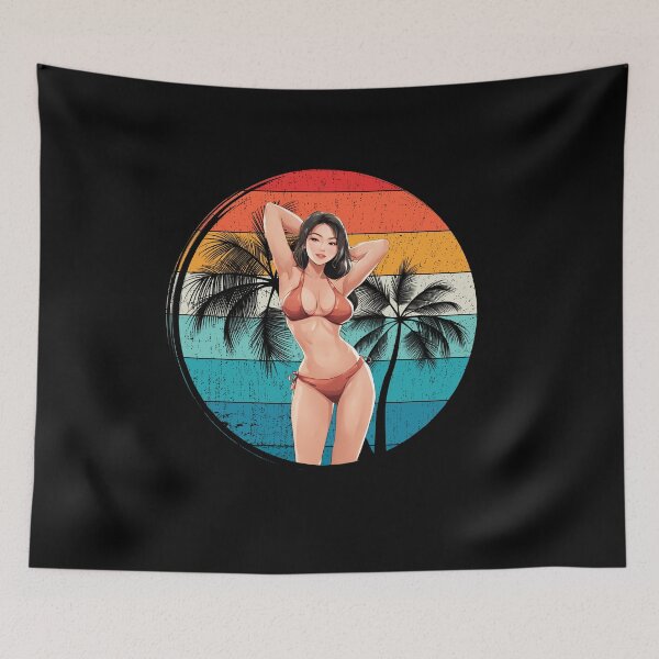 Item preview, Girl Beach Palm Trees and Sunset in Old Style designed and sold by Aquillashop.