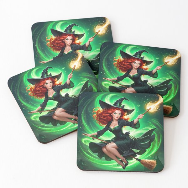 Item preview,  a beautiful red-haired witch flies on a broomstick designed and sold by JoraArt.