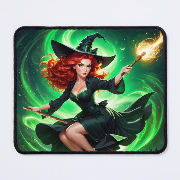 Item preview,  a beautiful red-haired witch flies on a broomstick designed and sold by JoraArt.