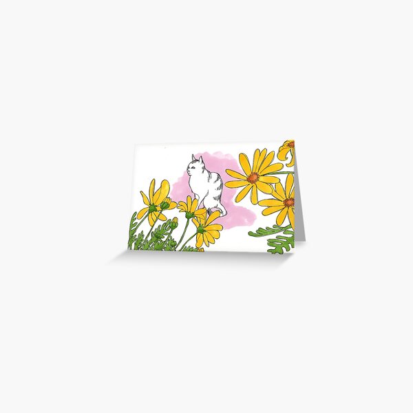 Dessin chat fleurs jaunes Carte de vœux