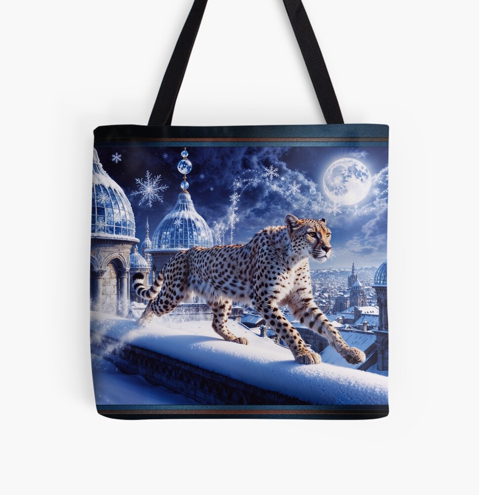 Enchanting Cheetah in a Snowy Surreal Fantasy Cityscape AI Concept Art by Xzendor7 4 Enchanting Cheetah in a Snowy Surreal Fantasy Cityscape Captivating AI Concept Art by Xzendor7 Decorative Art Print Print All Over Tote