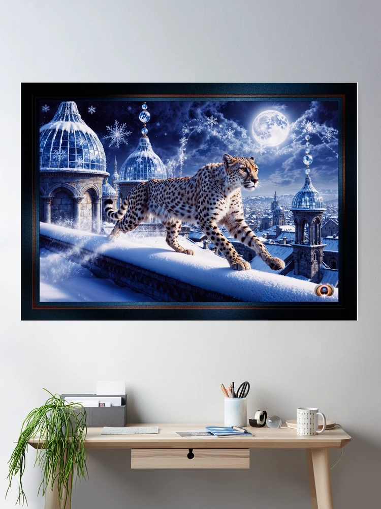 Enchanting Cheetah in a Snowy Surreal Fantasy Cityscape AI Concept Art by Xzendor7 2 Enchanting Cheetah in a Snowy Surreal Fantasy Cityscape Captivating AI Concept Art by Xzendor7 Room Decor Poster Art Print