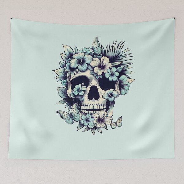 Item preview, Tropical Skull, “VACATION MODE”, tropical floral, cool beach, leaves, flowers, butterflies designed and sold by Collagedream.