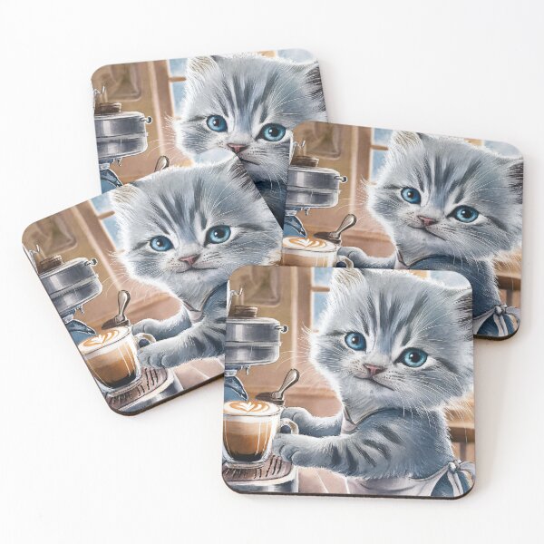 Item preview, A Cute Gray Kitten Barista Makes A Latte designed and sold by pixelplaza.