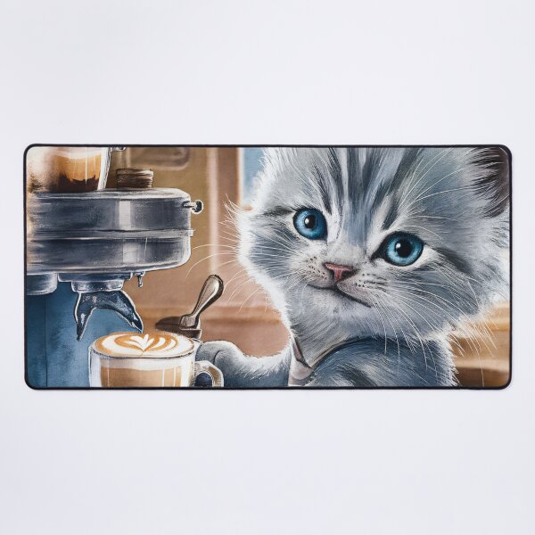 Item preview, A Cute Gray Kitten Barista Makes A Latte designed and sold by pixelplaza.