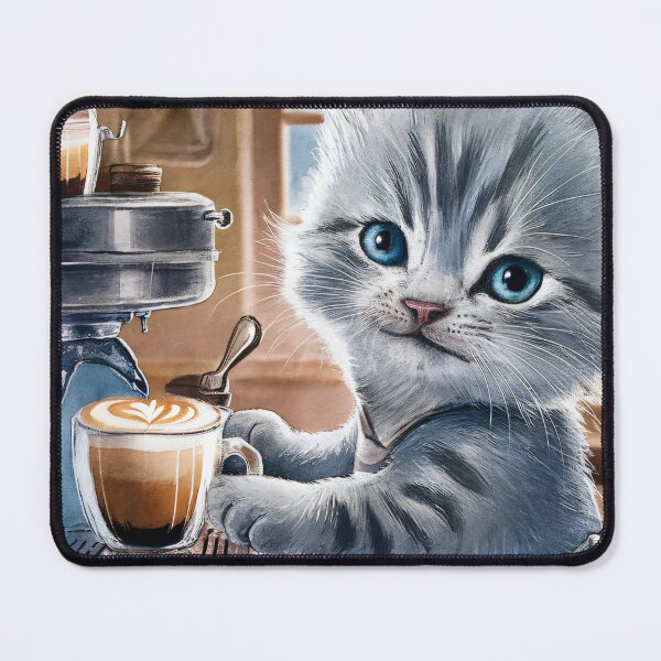 Item preview, A Cute Gray Kitten Barista Makes A Latte designed and sold by pixelplaza.