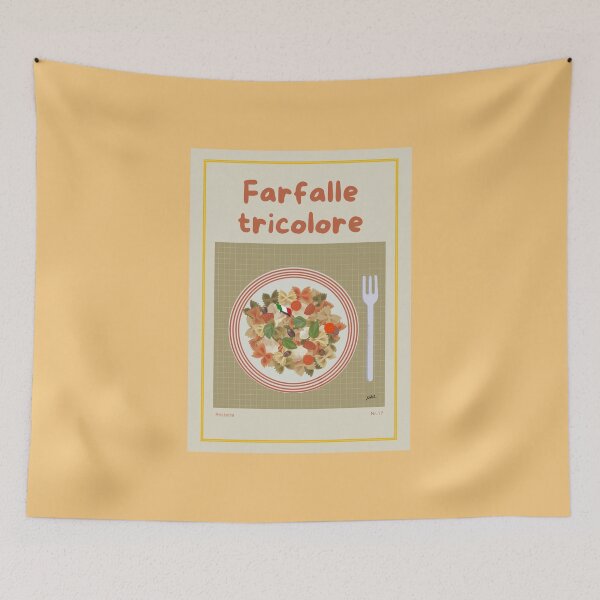 Item preview, FARFALLE TRICOLORE Illustration with farfalle pasta, tomatoes, olives, mozzarella and basil designed and sold by Posteria.