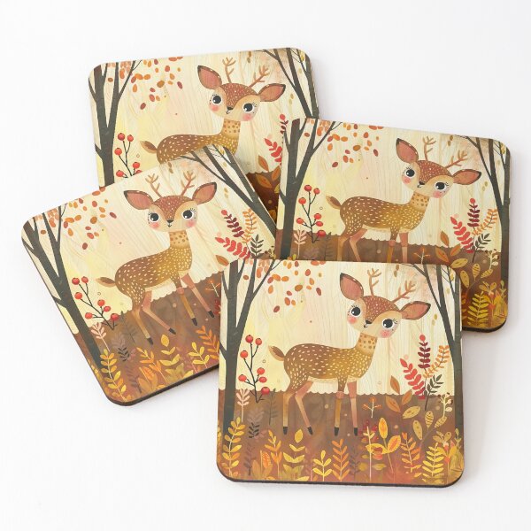 Item preview, Cute deer in woods  fall autumn art with autumn leaves designed and sold by Inktown.