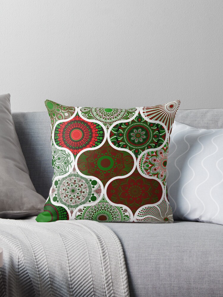 Pillow, Christmas Ornament Dot Mandala Patchwork designed and sold by Triplicate Limited