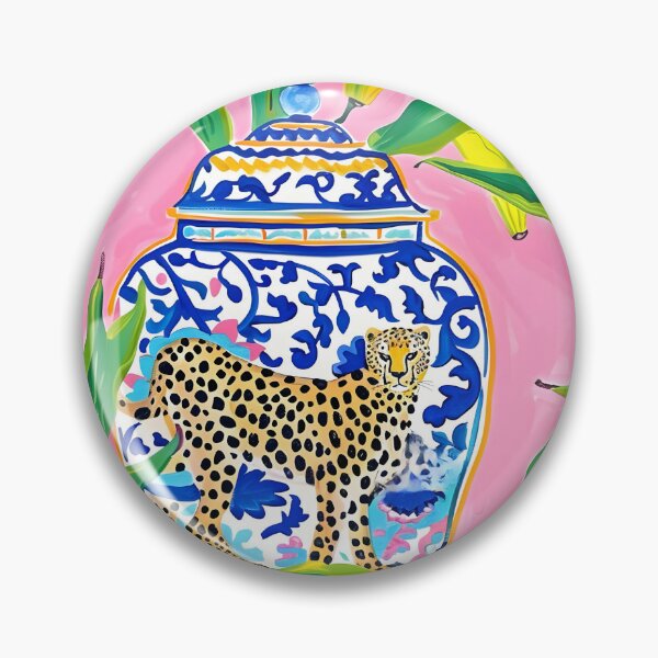 Item preview, Preppy, grandmillennial ginger jars, cheetah and banana leaves on bubblegum pink designed and sold by SophieClimaArt.