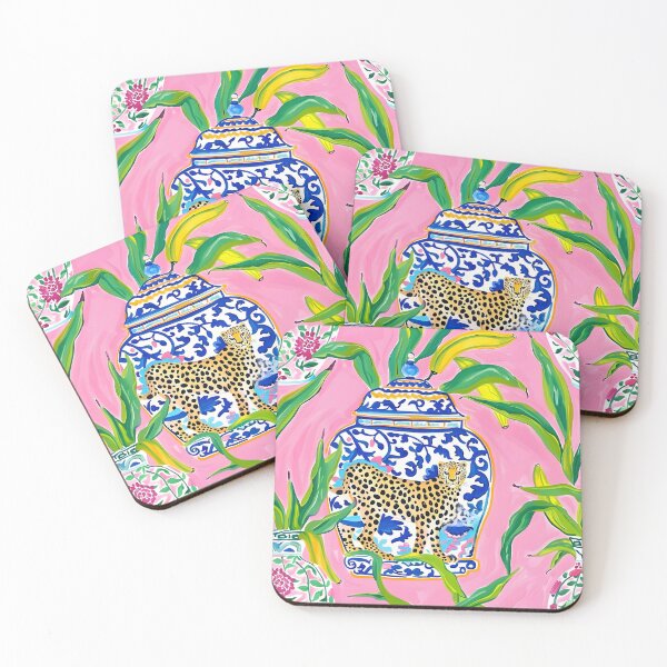 Item preview, Preppy, grandmillennial ginger jars, cheetah and banana leaves on bubblegum pink designed and sold by SophieClimaArt.