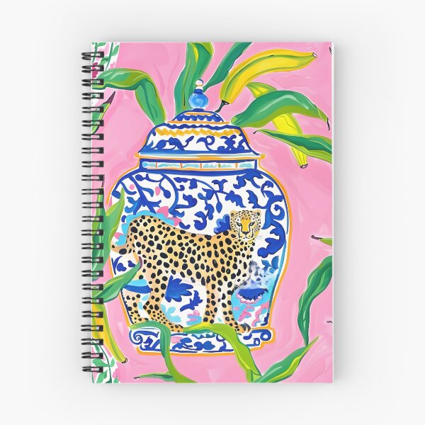 Item preview, Preppy, grandmillennial ginger jars, cheetah and banana leaves on bubblegum pink designed and sold by SophieClimaArt.