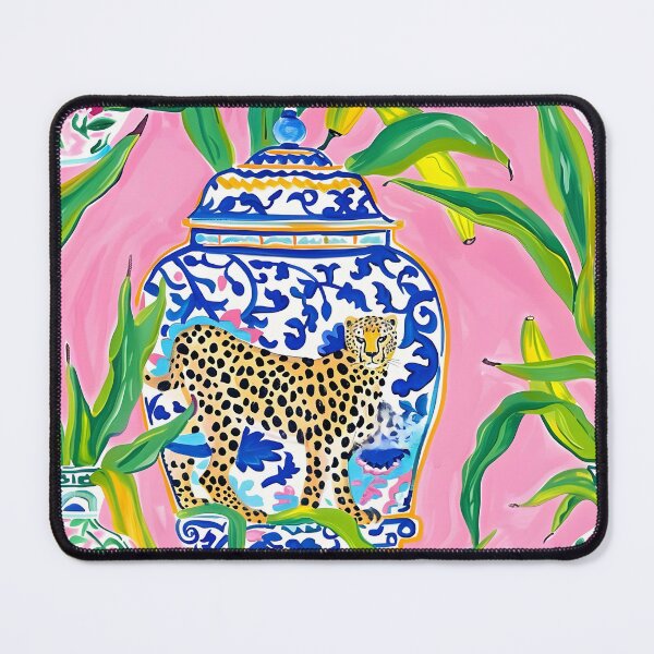 Item preview, Preppy, grandmillennial ginger jars, cheetah and banana leaves on bubblegum pink designed and sold by SophieClimaArt.