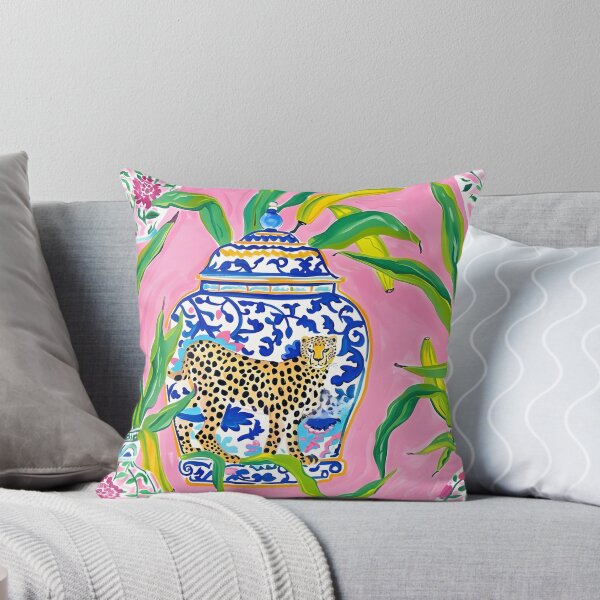 Item preview, Preppy, grandmillennial ginger jars, cheetah and banana leaves on bubblegum pink designed and sold by SophieClimaArt.